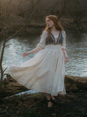 Son de Flor 3/4 Sleeve Linen Carmen Dress in Cream